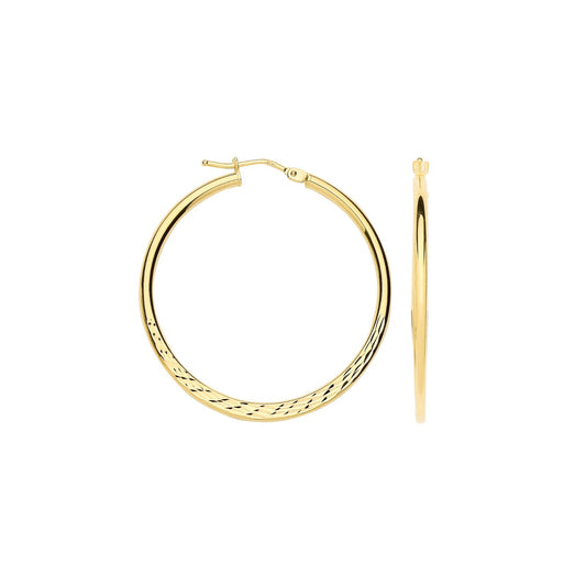 Yellow Gold Hoop Earrings Diamond Cut and Plain 34mm Hoops Hallmarked