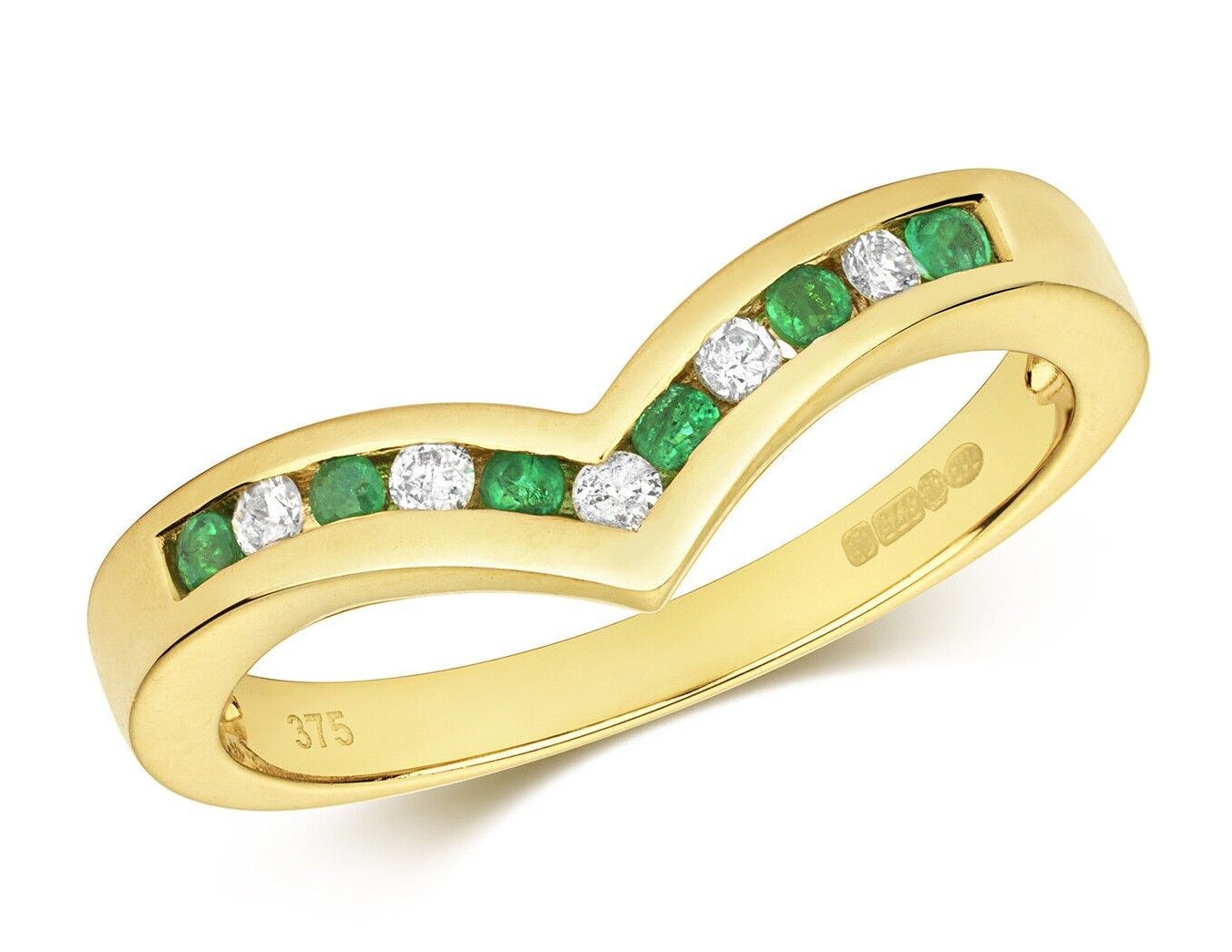 Real Emerald and Diamond Wishbone Ring Solid Yellow Gold Eternity Anniversary