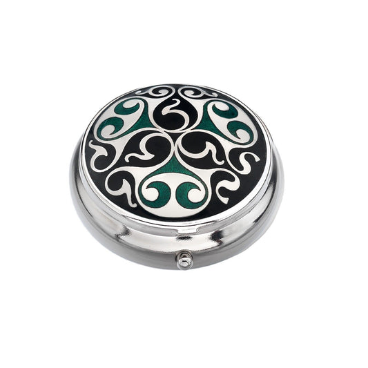 Pillbox Silver Plated Medieval Scrolls Green and Black Brand New and Boxed