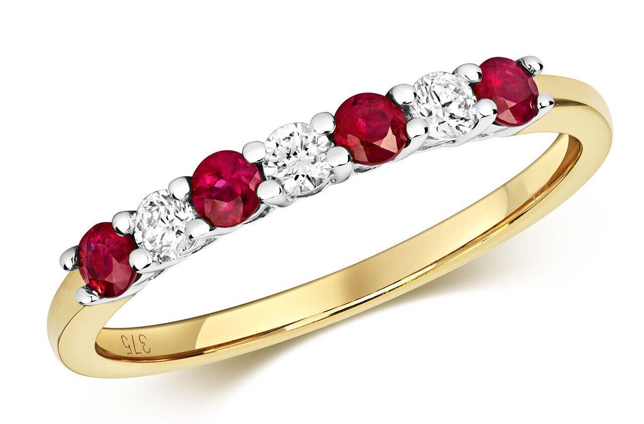Real Ruby and Diamond Eternity Ring Solid Yellow Gold Slim Anniversary Band