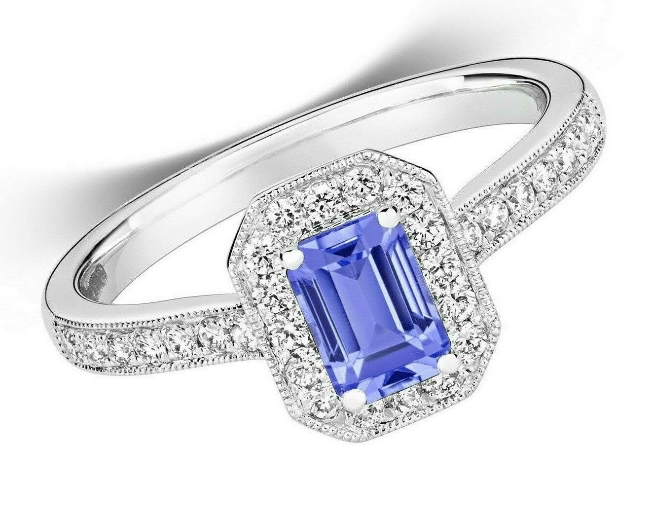 Real Tanzanite and Diamond Ring 9ct White Gold Emerald Cut Cluster Size J - Q