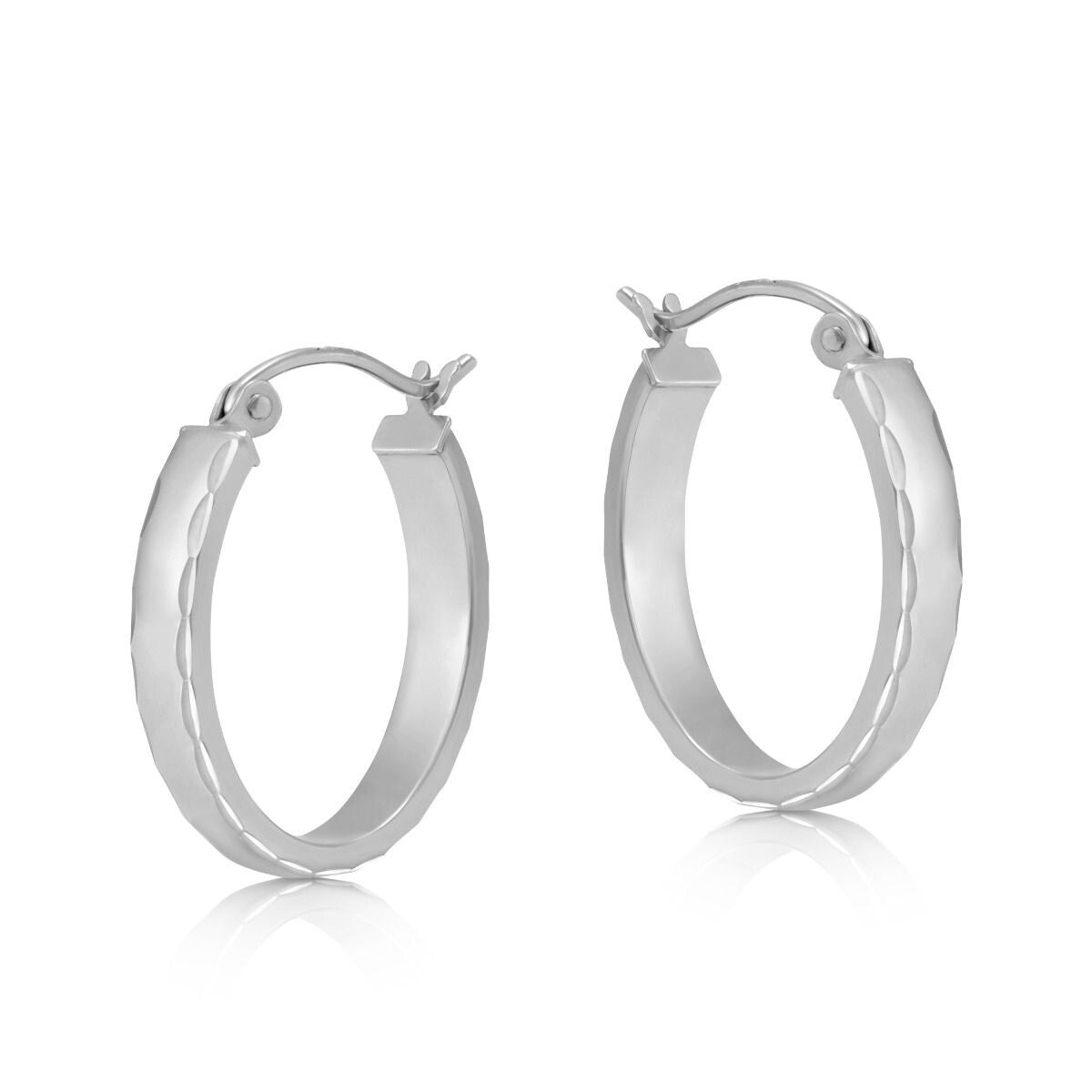 White Gold Oval Hoop Earrings 20mm Diamond Cut Hoops Hallmarked