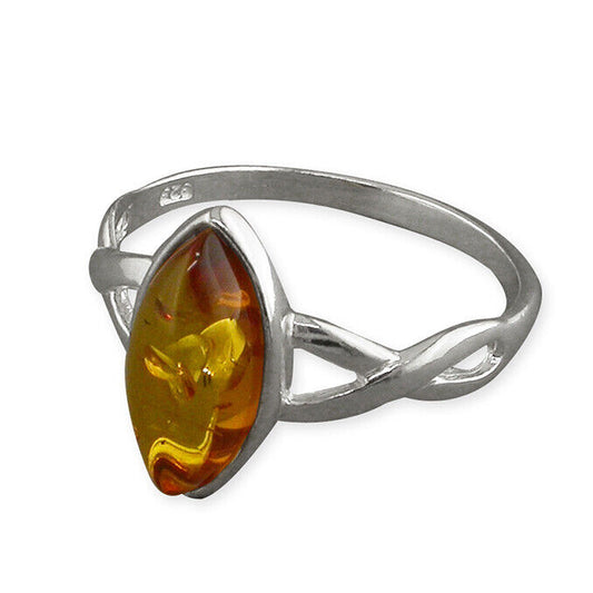 Cognac Amber Marquise Ring With Twist Open Shoulders Solid Sterling Silver 925