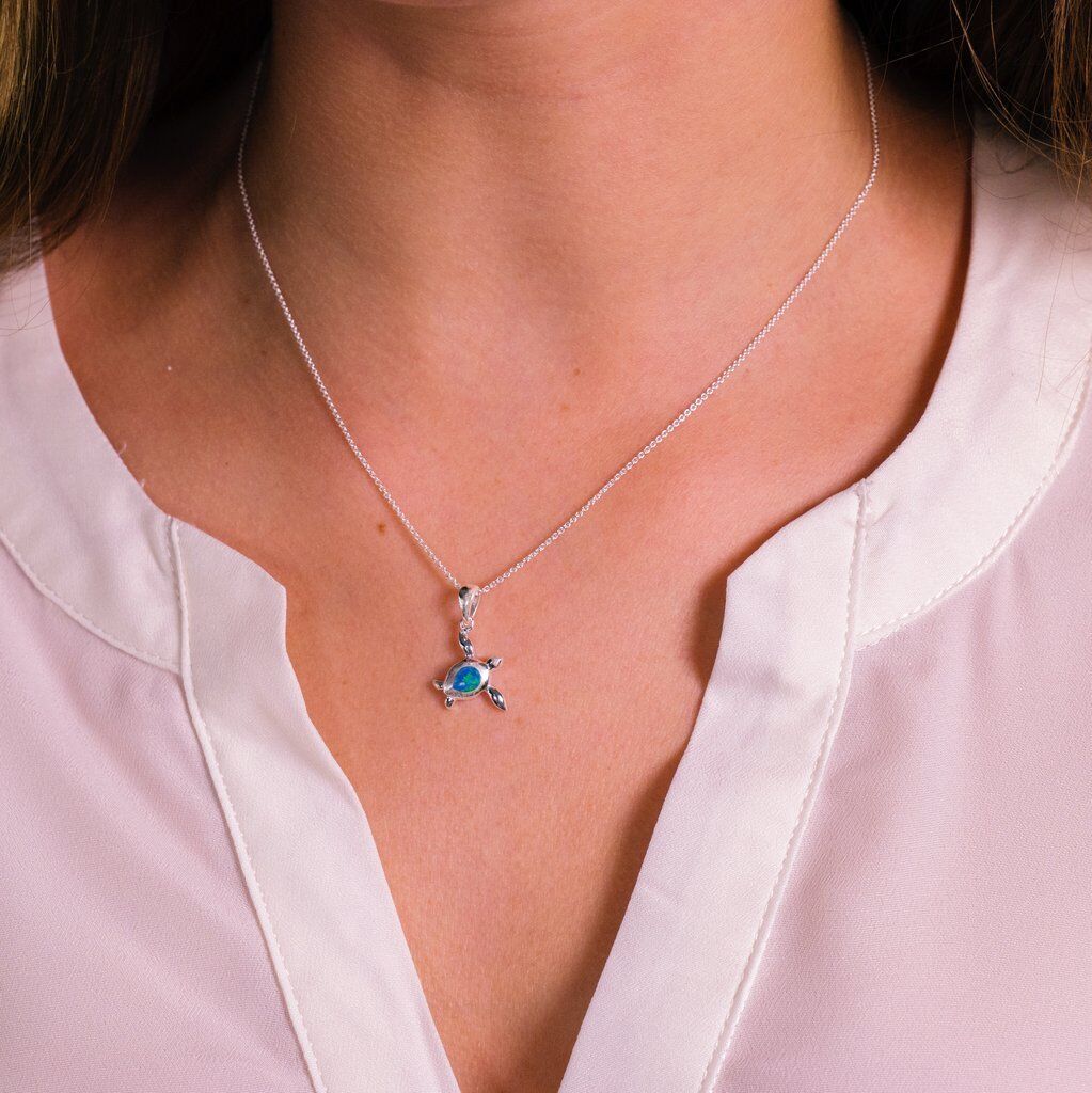 Blue Opal Turtle Pendant Sterling Silver 925 Hallmarked All Chain Lengths