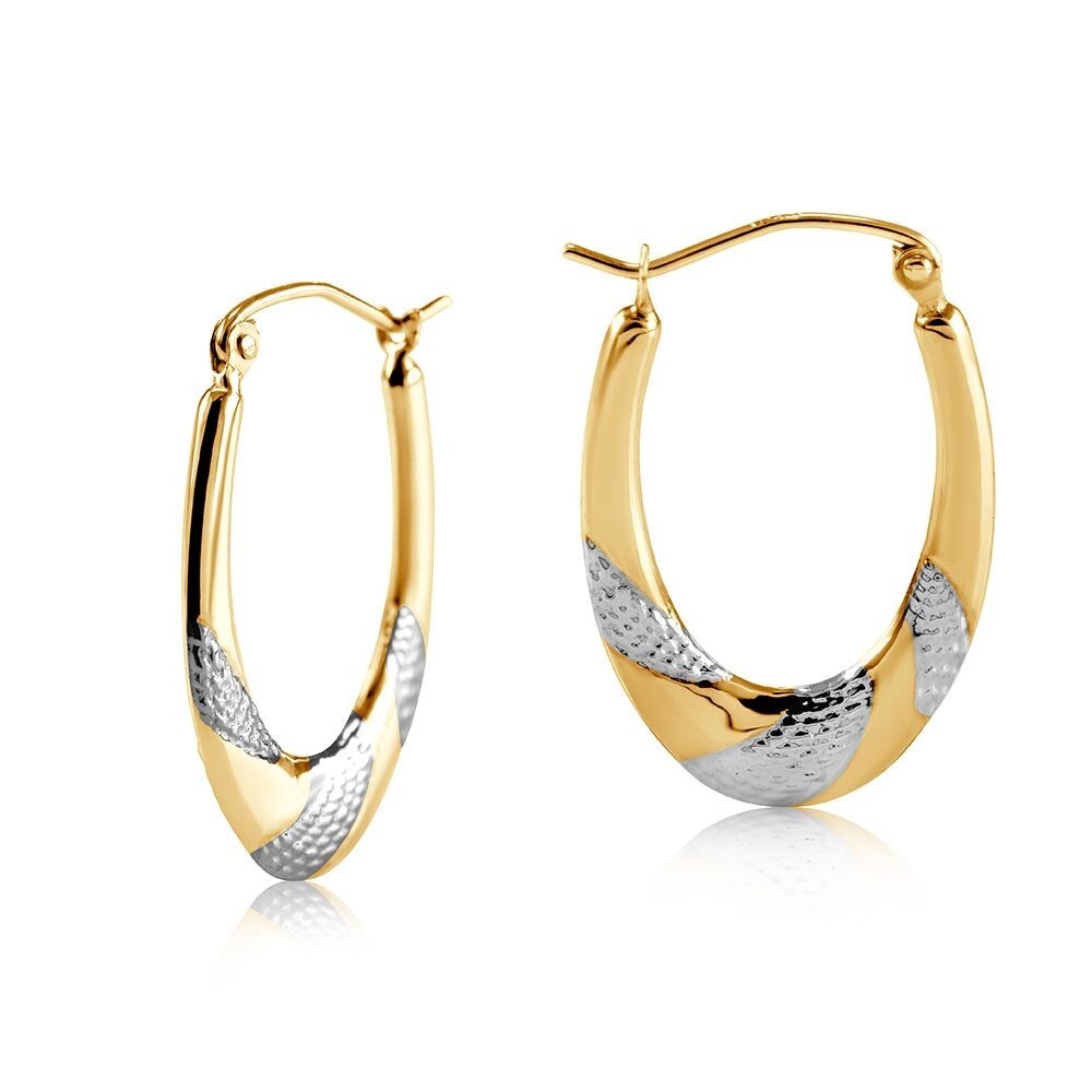 Two Colour Gold Oval Hoop Earrings Hallmarked Yellow and White Gold Patterned