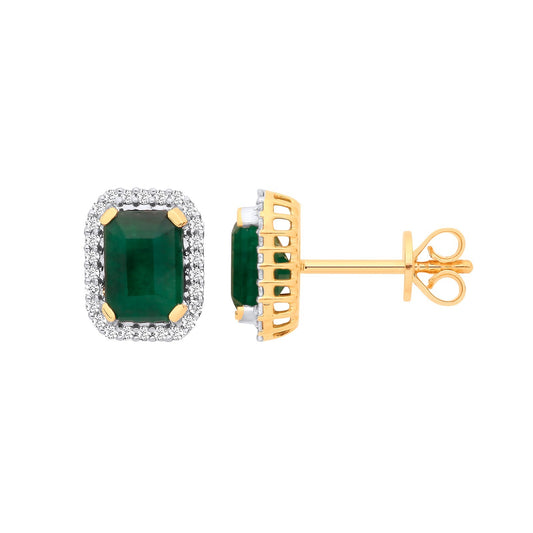 18ct Yellow Gold Emerald and Diamond Earrings Made in London 9.6 x 7.7mm
