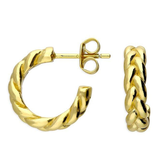 Plaited Hoop Stud Earrings 18ct Yellow Gold on 925 Sterling Silver Plaited Hoops