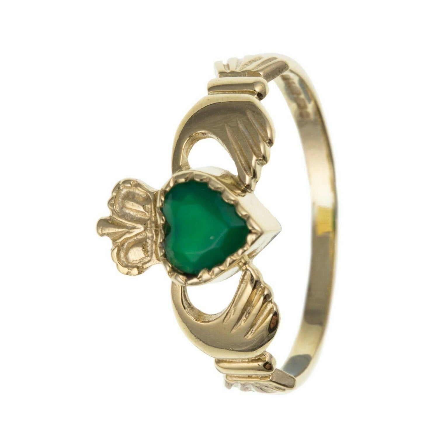 Green Agate Claddagh Ring Solid 9ct Yellow Gold Hallmarked British Made