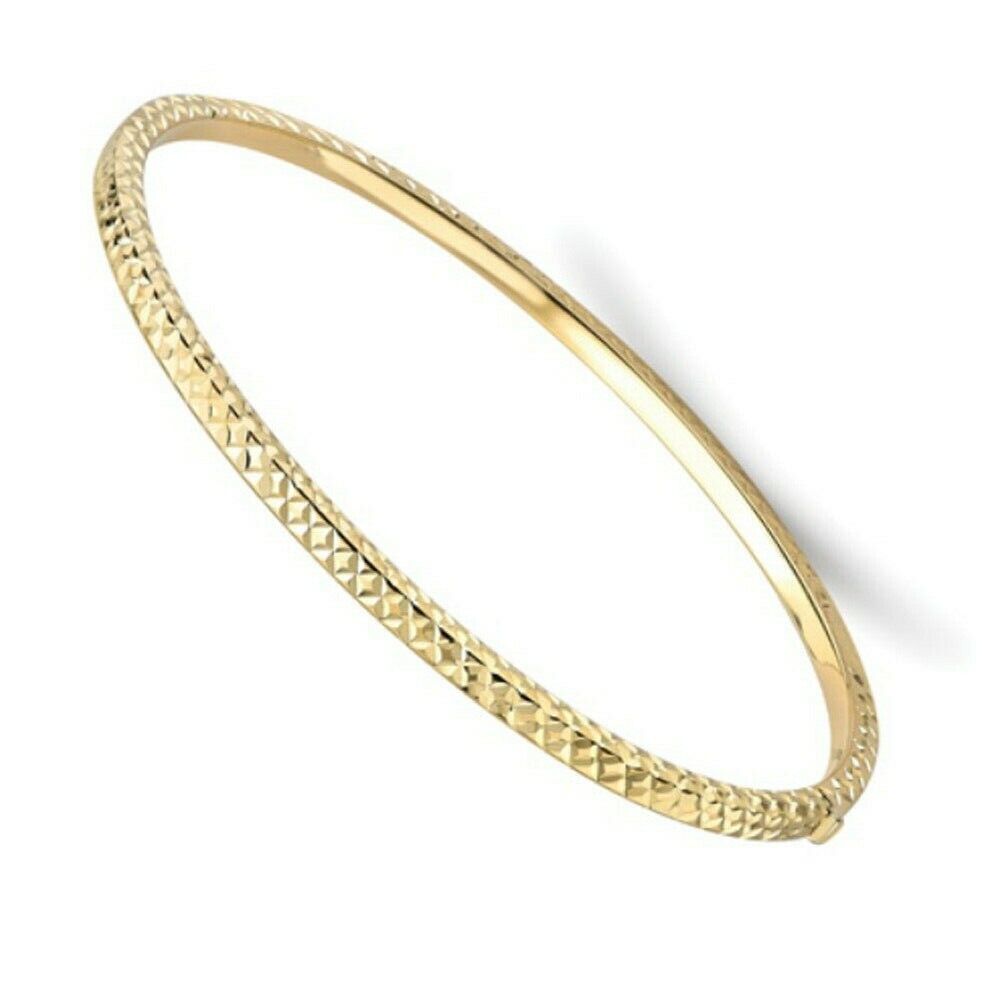 Yellow Gold Hinged Bangle Modern Texture Hallmarked British Made Ladies Bracelet