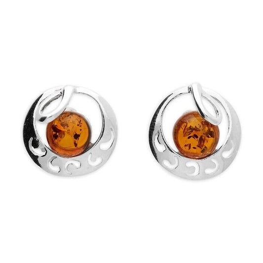 Cognac Amber Round Patterned Stud Earrings Solid Sterling Silver 925