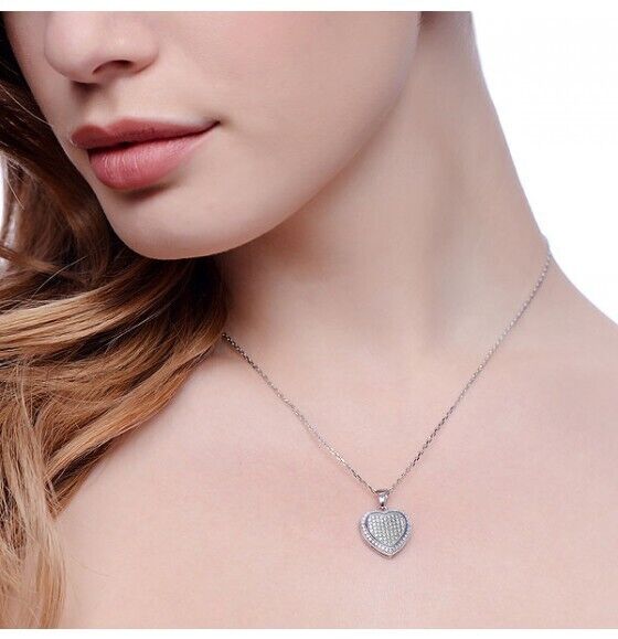 Sterling Silver Micro Pave Heart Pendant 16-18" Chain Luxurious Packaging