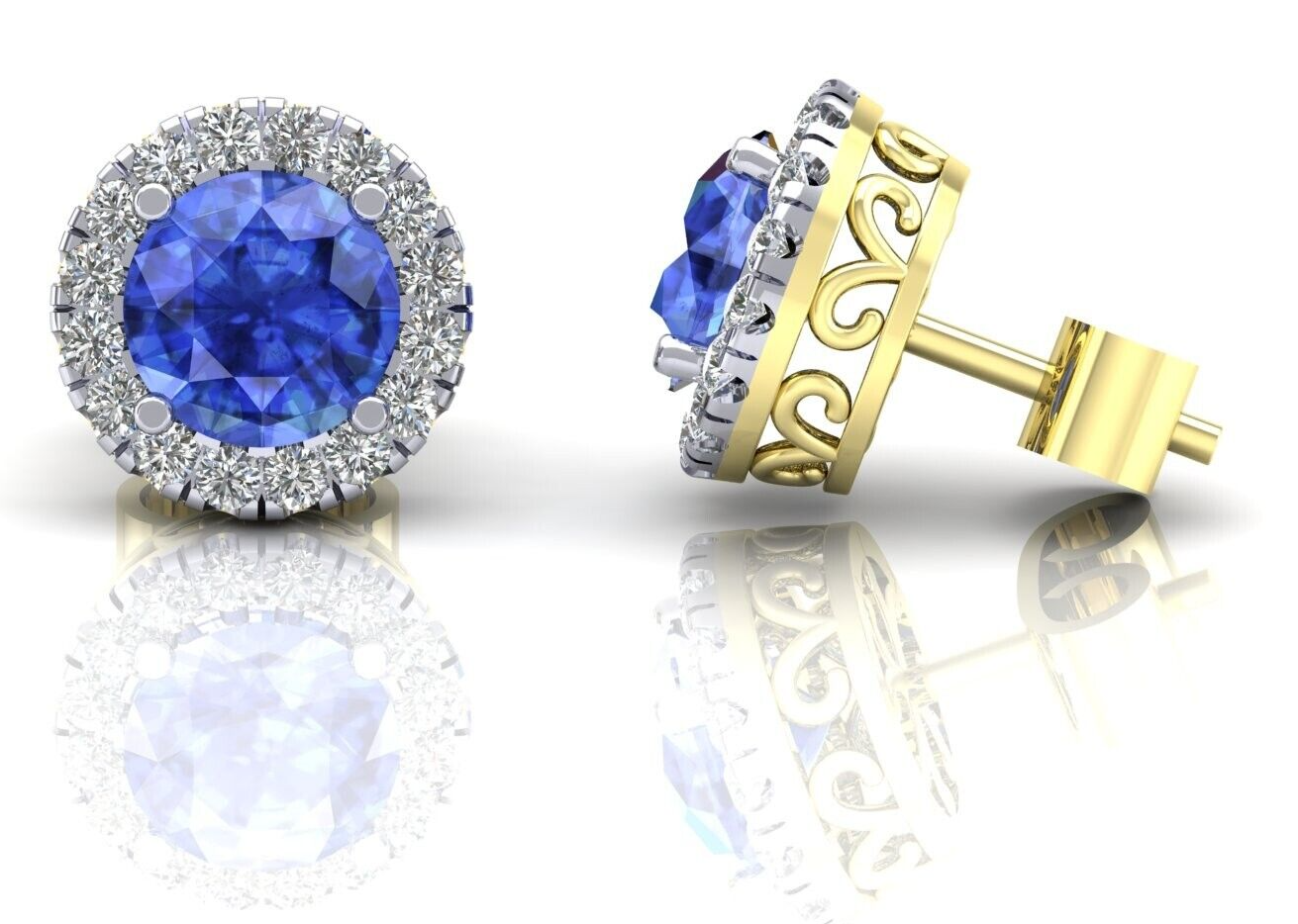9ct Yellow Gold Sapphire Cluster Stud Earrings 8mm Round Studs Hallmarked