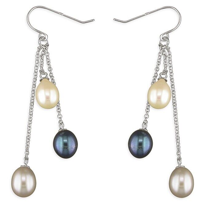 Freshwater Pearl Chain Drop Earrings Solid Sterling Silver 925