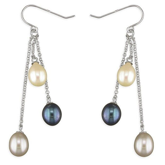 Freshwater Pearl Chain Drop Earrings Solid Sterling Silver 925