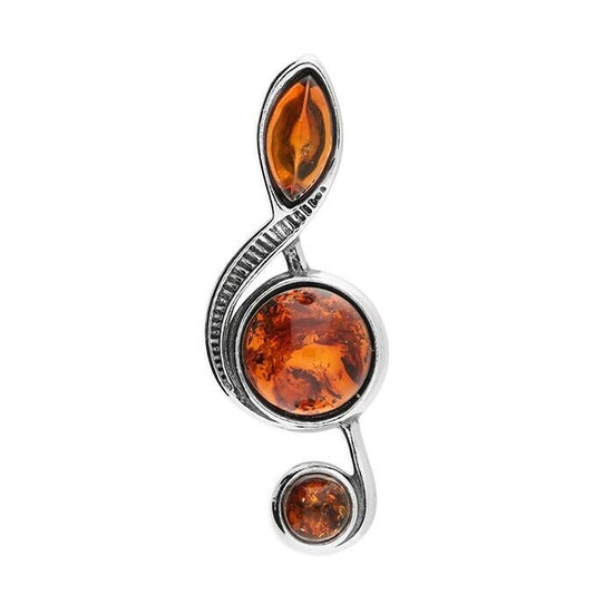 Cognac Amber Treble Clef Music Pendant and Chain Solid Sterling Silver 925