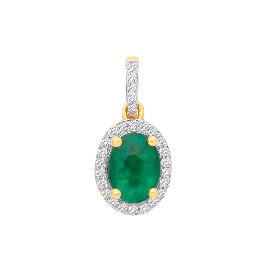 18ct Yellow Gold Emerald and Diamond Oval Pendant Made in London