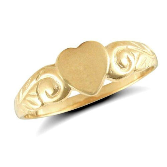 Solid 9ct Yellow Gold Heart Signet Ring Hand Finished Scrolled Shoulders