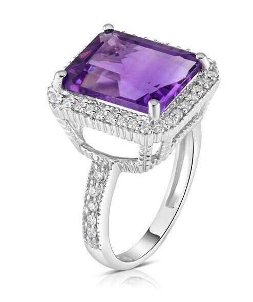 Real Amethyst and Diamond ring 9ct White Gold Cocktail Statement Size K - Q