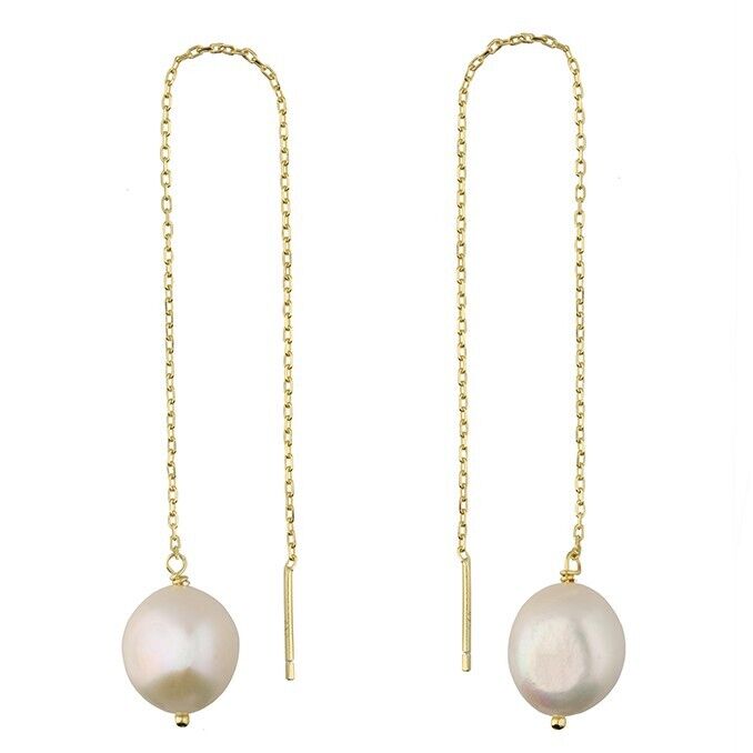 Freshwater Pearl Drop Pull-through Earrings Yellow Gold on Solid Sterling Silver