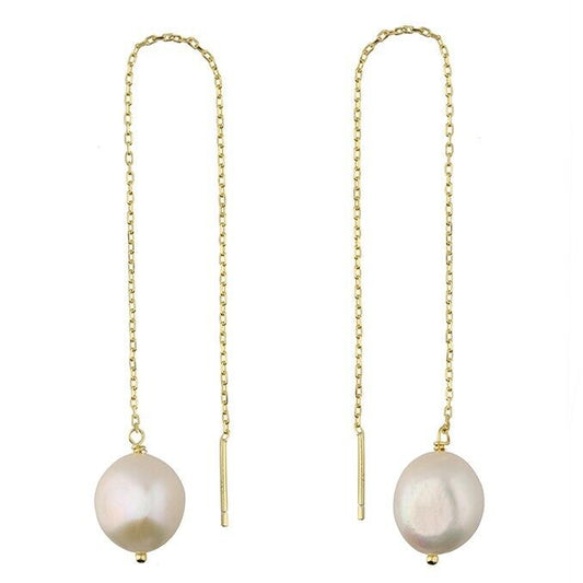 Freshwater Pearl Drop Pull-through Earrings Yellow Gold on Solid Sterling Silver