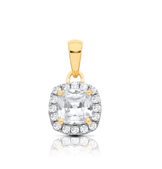 Zircon Cushion Cluster Pendant Solid 9ct Yellow Gold 18" Chain Hallmarked