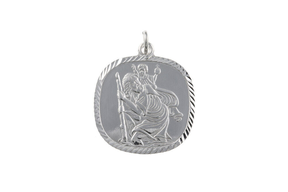 Square St Christopher Pendant Sterling Silver 925 Hallmark 14 - 24" Length Chain