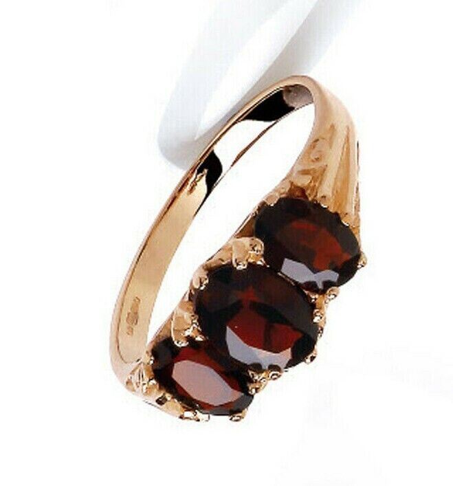 Real Garnet Three Stone Ring Solid 9ct Yellow Gold Trilogy Fully Hallmaked