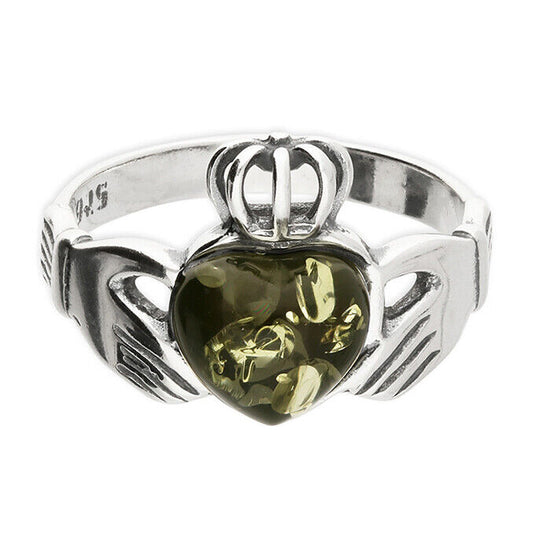 Green Amber Claddagh Ring Solid Sterling Silver 925 Brand New