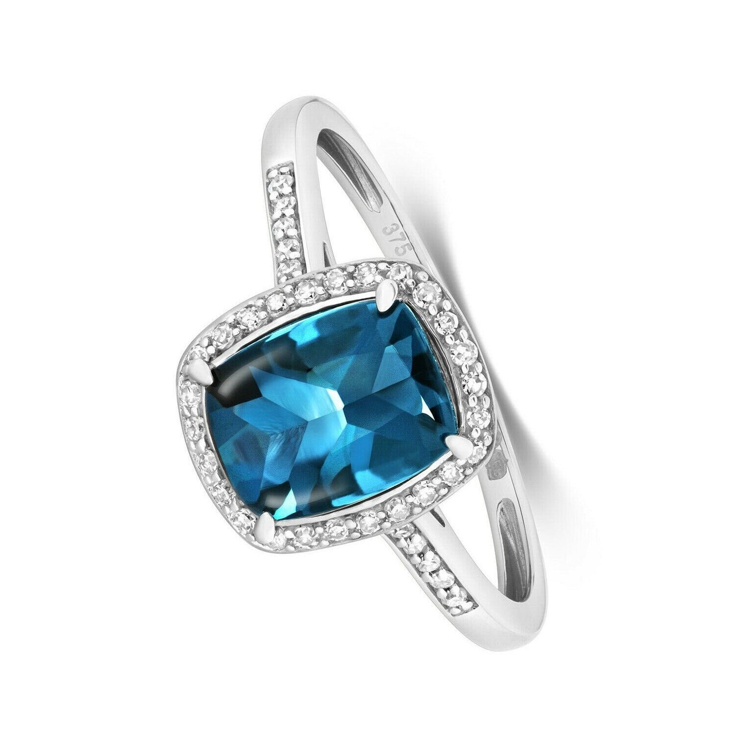 9ct White Gold London Blue Topaz and Diamond Ring Cushion Cluster Size J - Q
