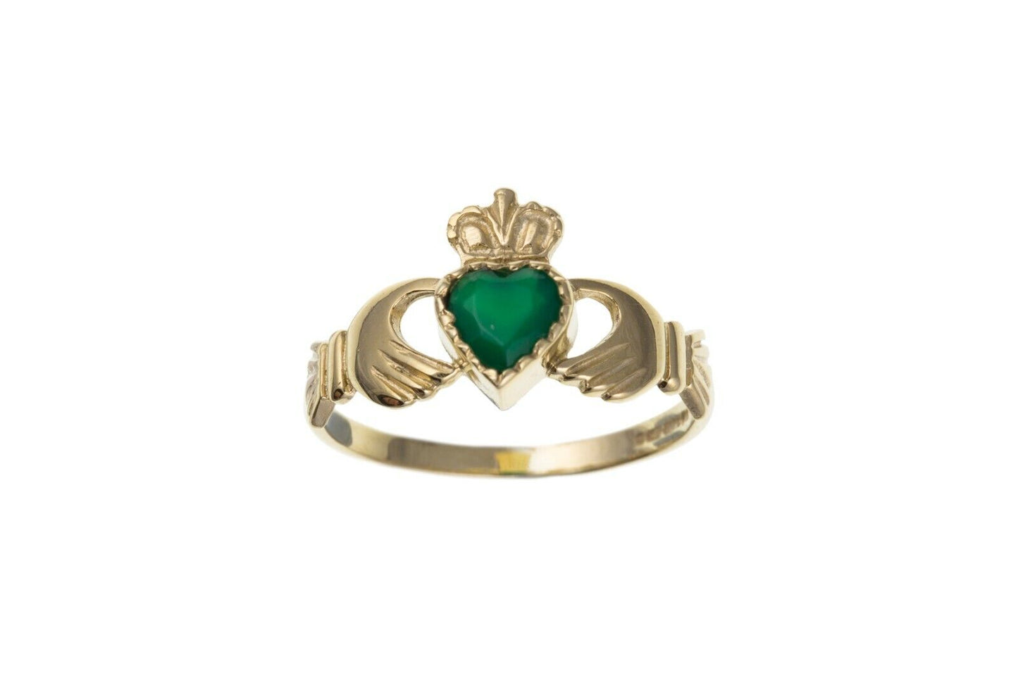 Green Agate Claddagh Ring Solid 9ct Yellow Gold Hallmarked British Made