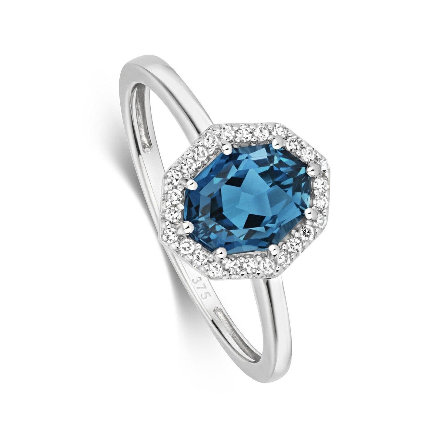 Real London Blue Topaz and Diamond Ring Solid White Gold Octagon Cluster