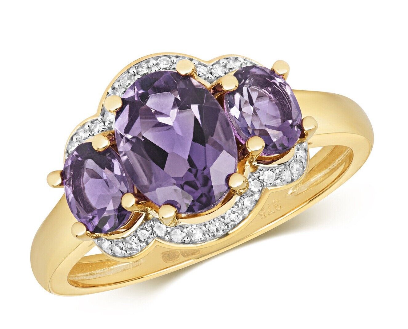 Real Amethyst and Diamond Ring Solid Yellow Gold Three Stone Oval Gems Size J-Q