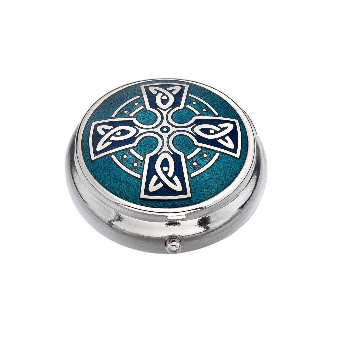 Pillbox Silver Plated Cross Head Celtic Design Turquoise Brand New and Boxed
