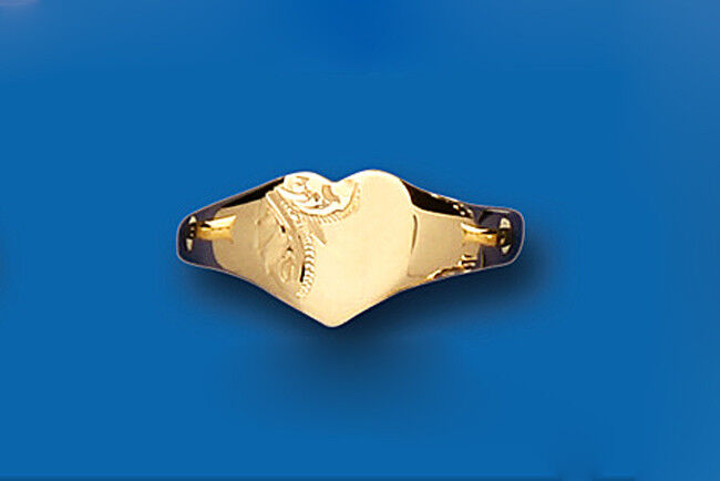 Ladies Engraved Heart Signet Ring Solid 9ct Yellow Gold Fully Hallmarked
