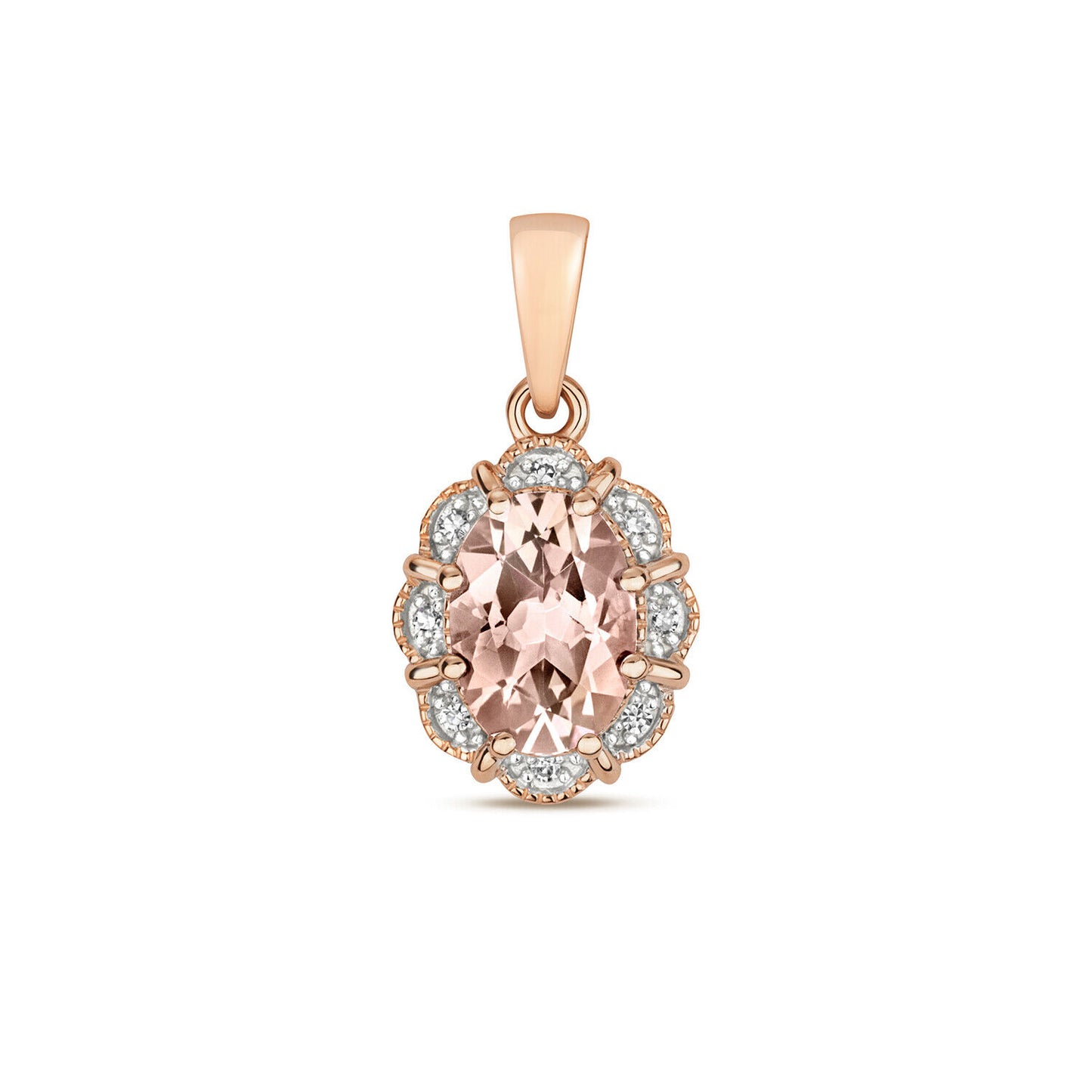 9ct Rose Gold Morganite and Diamond Pendant Real Stones Oval Halo Necklace
