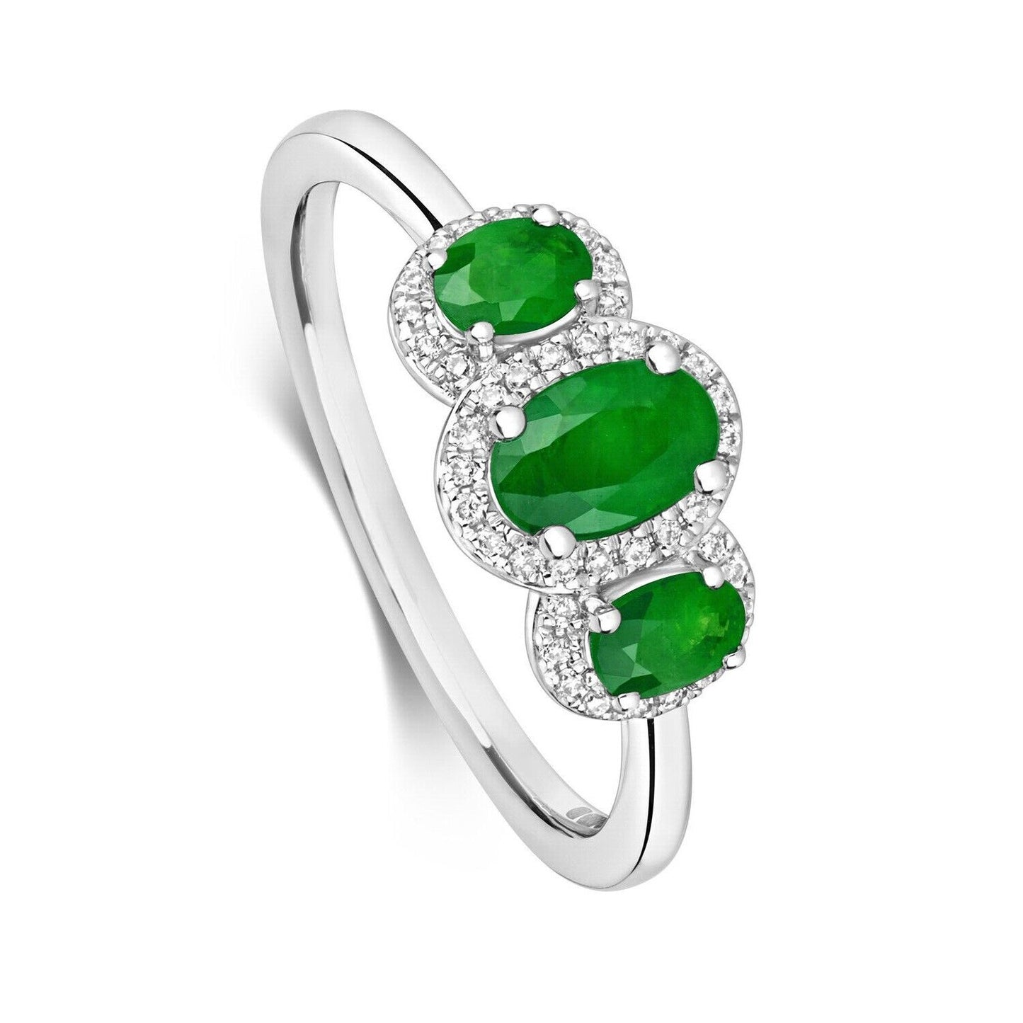Real Emerald and Diamond Ring 9ct White Gold Oval Three Stone Trilogy Size J - Q