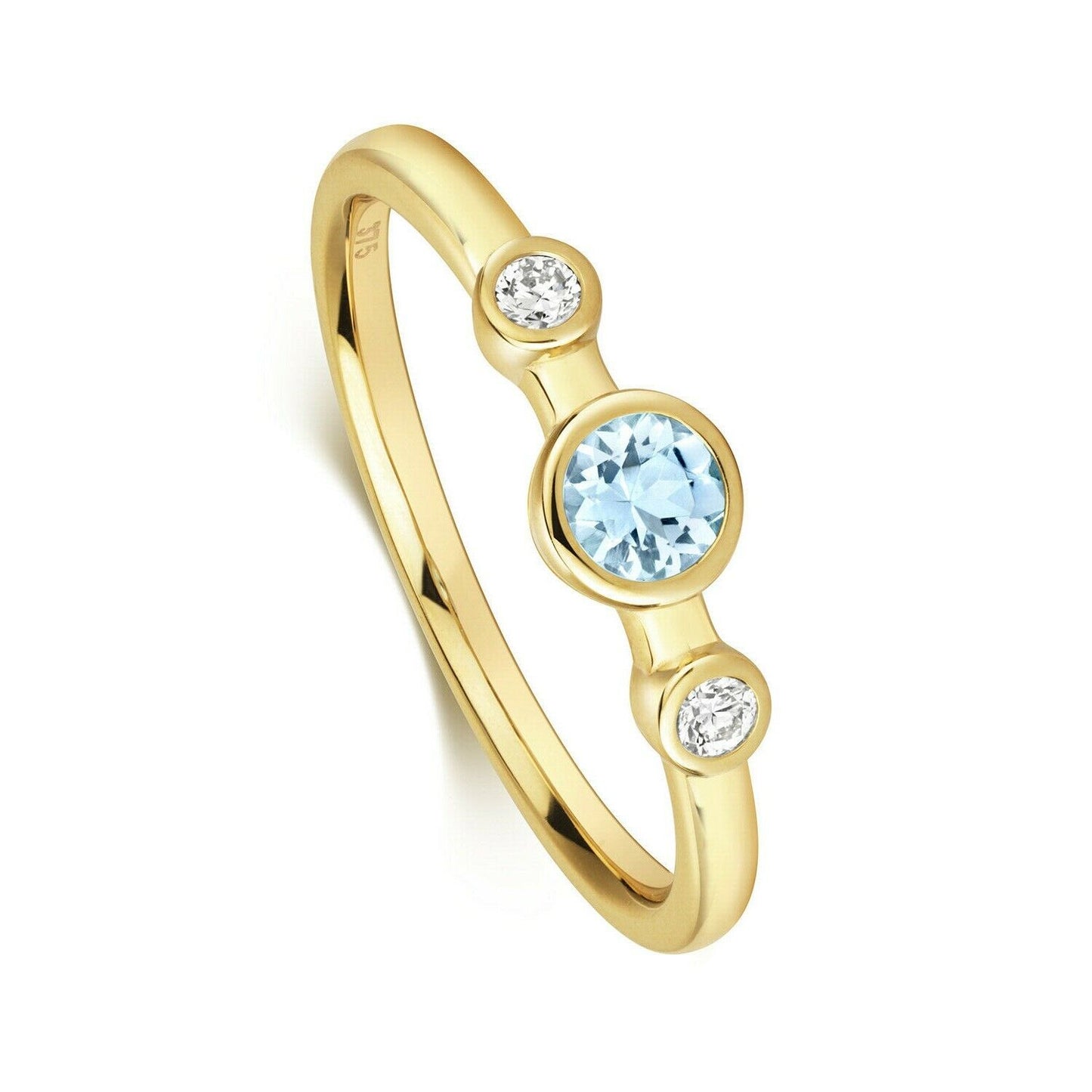 9ct yellow Gold Aquamarine and Diamond Ring Three Stone Trilogy Size J - Q