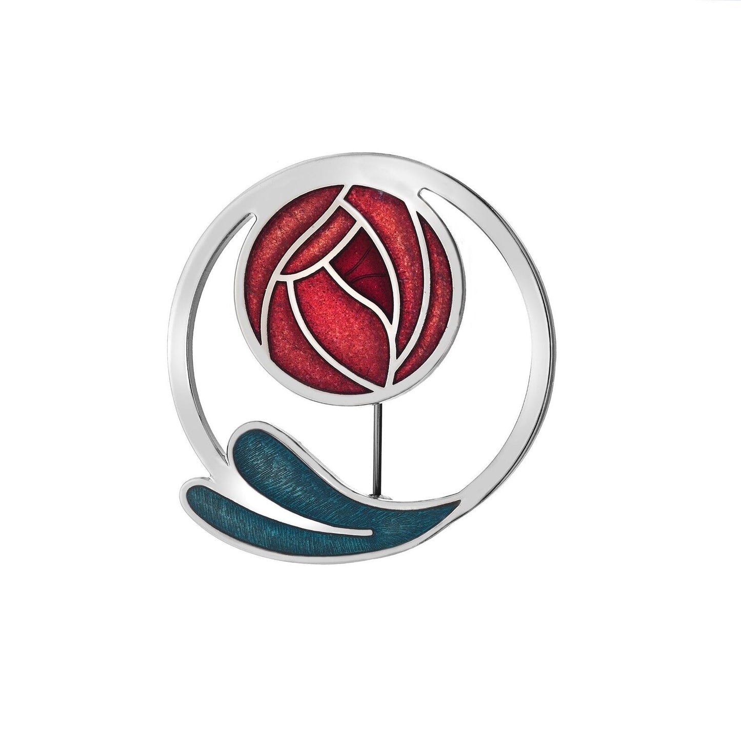 Mackintosh Red Rose Brooch Coiled Leaf Silver Plated Brand New Gift Packaging