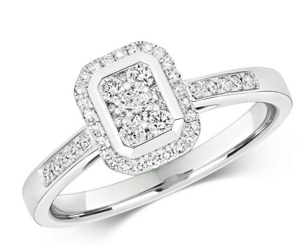 Real Diamond Ring 9ct White Gold Rectangular Halo Cluster Engagement 0.33ctw