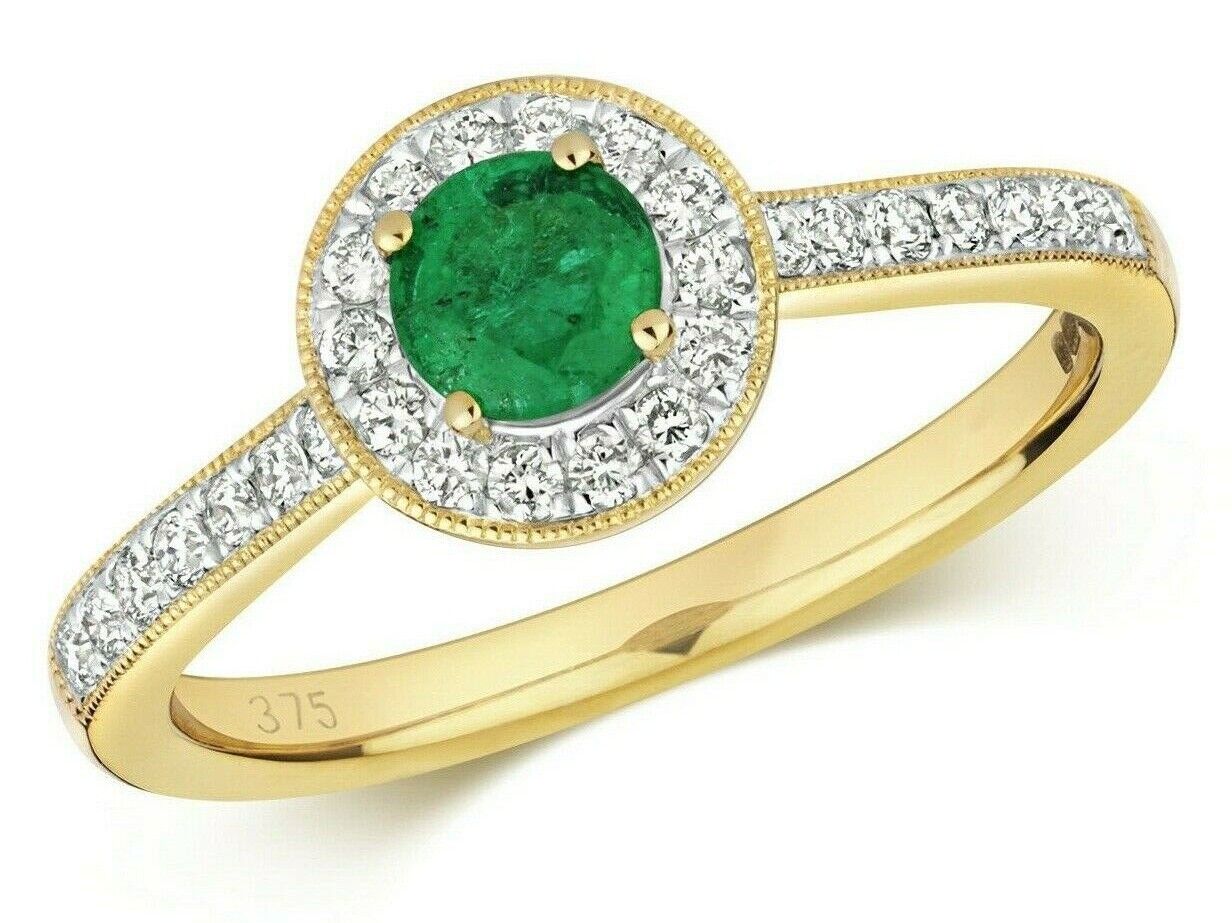 Real Emerald and Diamond Ring 9ct Yellow Gold Round Halo Cluster Engagement