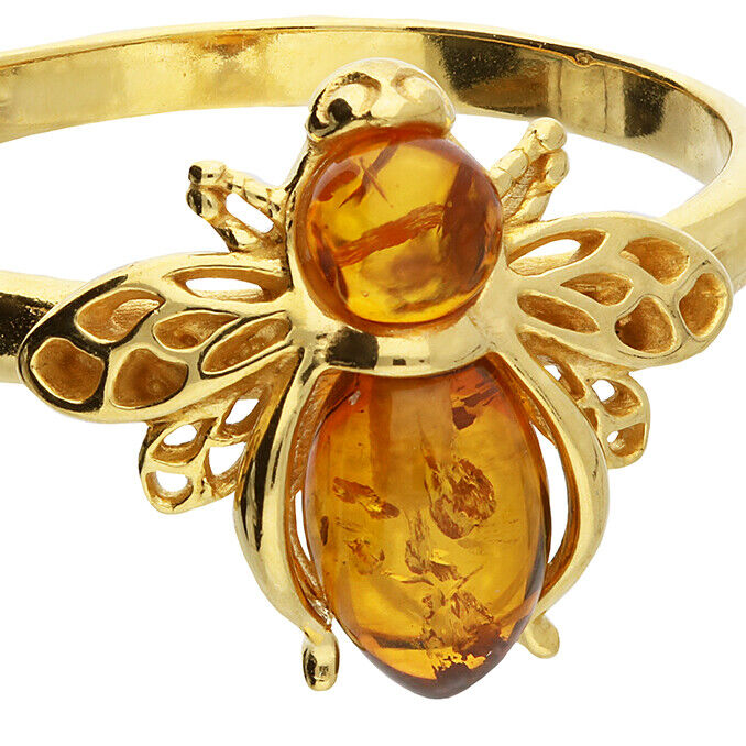 Cognac Amber Bumble Bee Ring 24k Yellow Gold on Solid Sterling Silver 925