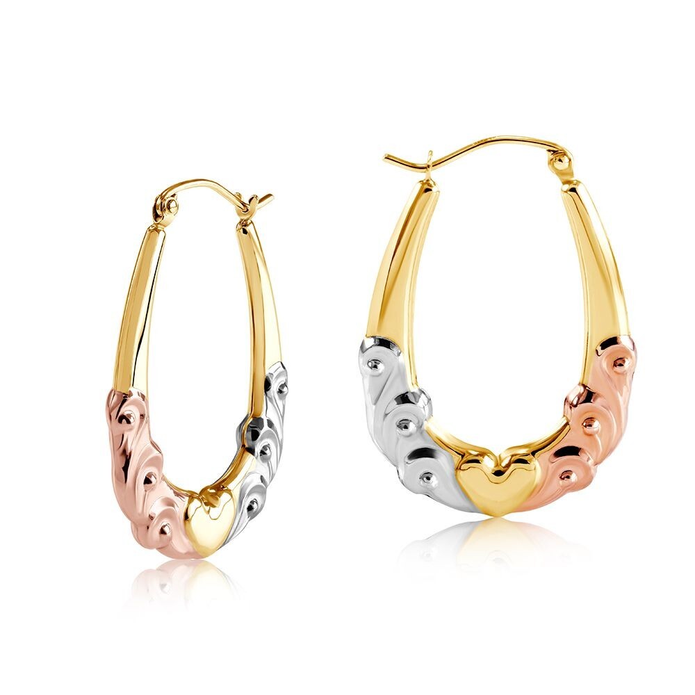 Three Colour Gold Creole Earrings Fancy Heart Design Hallmarked Hoop