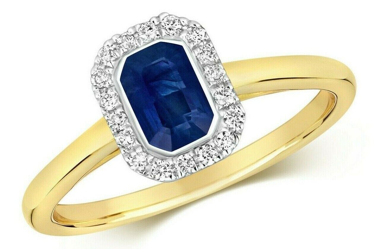Real Sapphire and Diamond Ring 9ct Yellow Gold Octagon Cluster Size J - Q