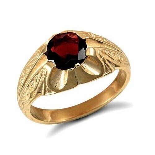 Men's Garnet Solitaire Ring Solid 9K Yellow Gold Hallmarked British made