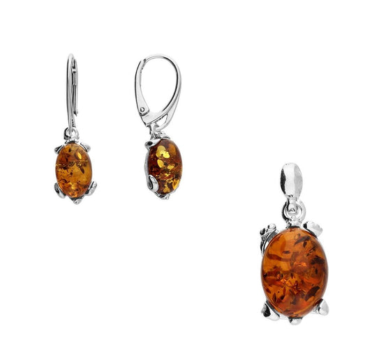 Cognac Amber Tortoise Pendant and Earrings Set Solid Sterling Silver 925