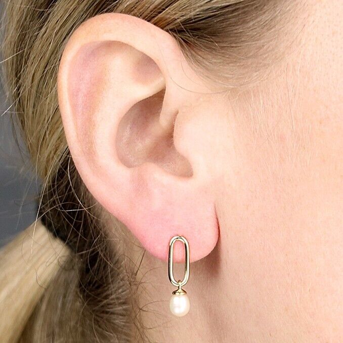 Oval with Freshwater Pearl Drop Stud Earrings 18ct Gold on Solid Sterling Silver