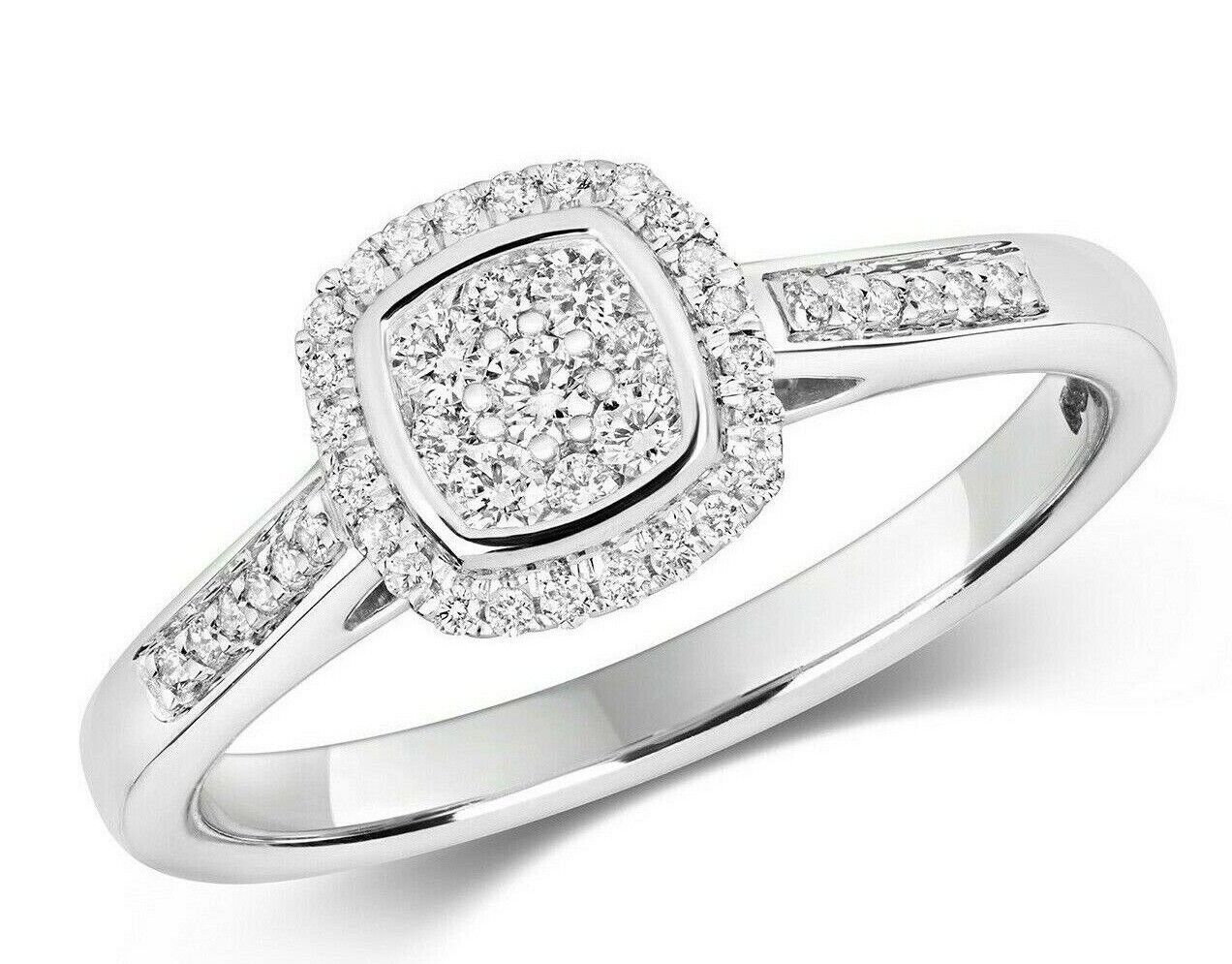 Real Diamond Ring Cushion Halo Cluster 9ct White Gold 0.25ctw Engagement
