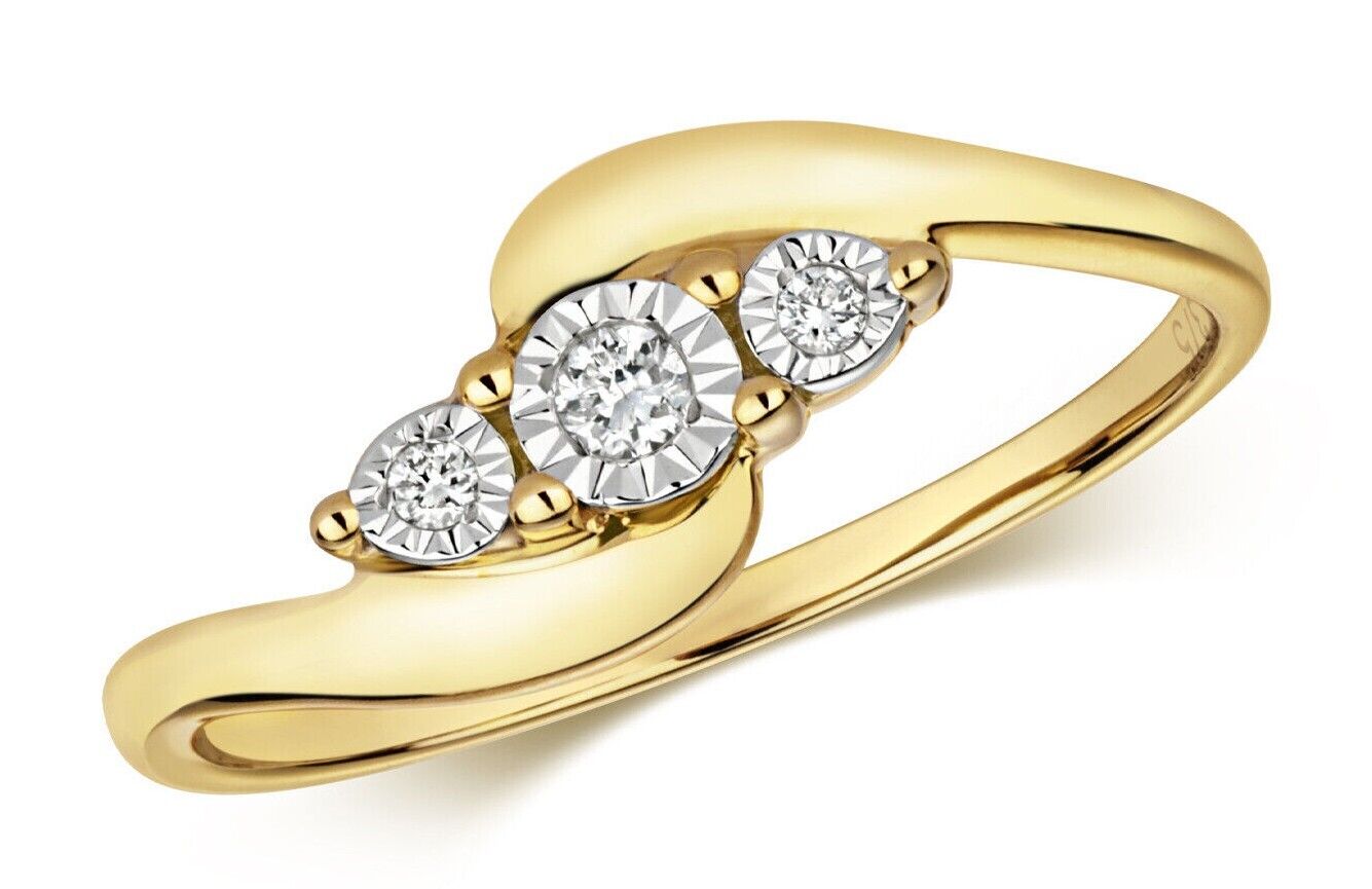 Real Diamond Three Stone Ring Solid White Yellow Twist Trilogy Engagement