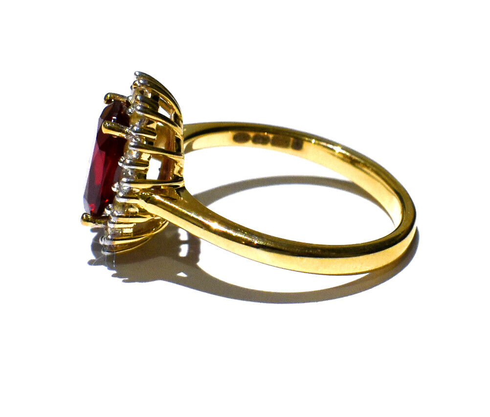 Yellow Gold Ruby Ring White Sapphire Engagement Cluster Dress Hallmarked