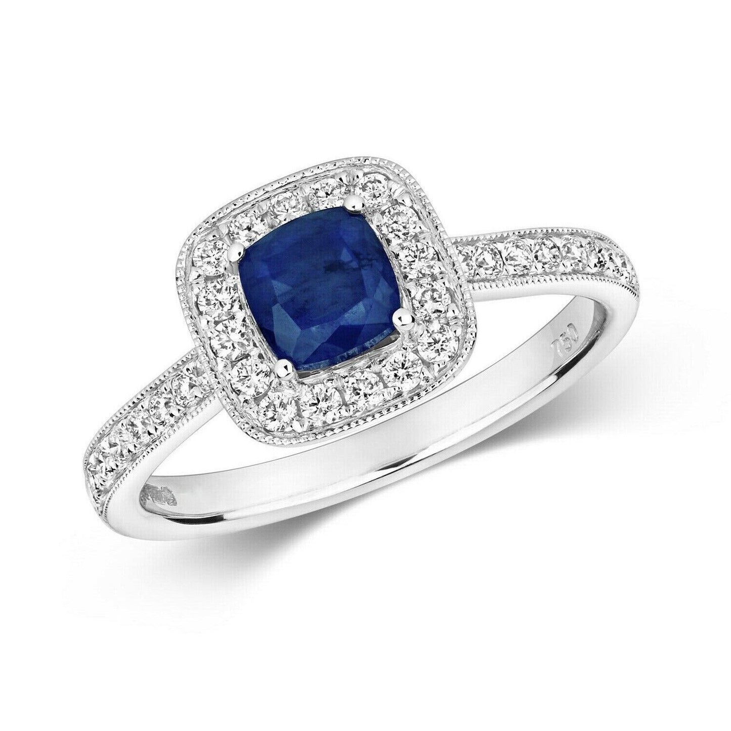 Real Sapphire and Diamond Ring 18ct White Gold Square Cushion Halo Cluster